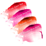 Swatch image of Mo-Beauty Shop's Mo-Jelly Blush + Lip Tint in the shades Chili Crisp (a buildable red color), Berry Crush (a buildable berry-pink color), Sherbet (a buildable coral color), and Passion Pop (a buildable pink color).