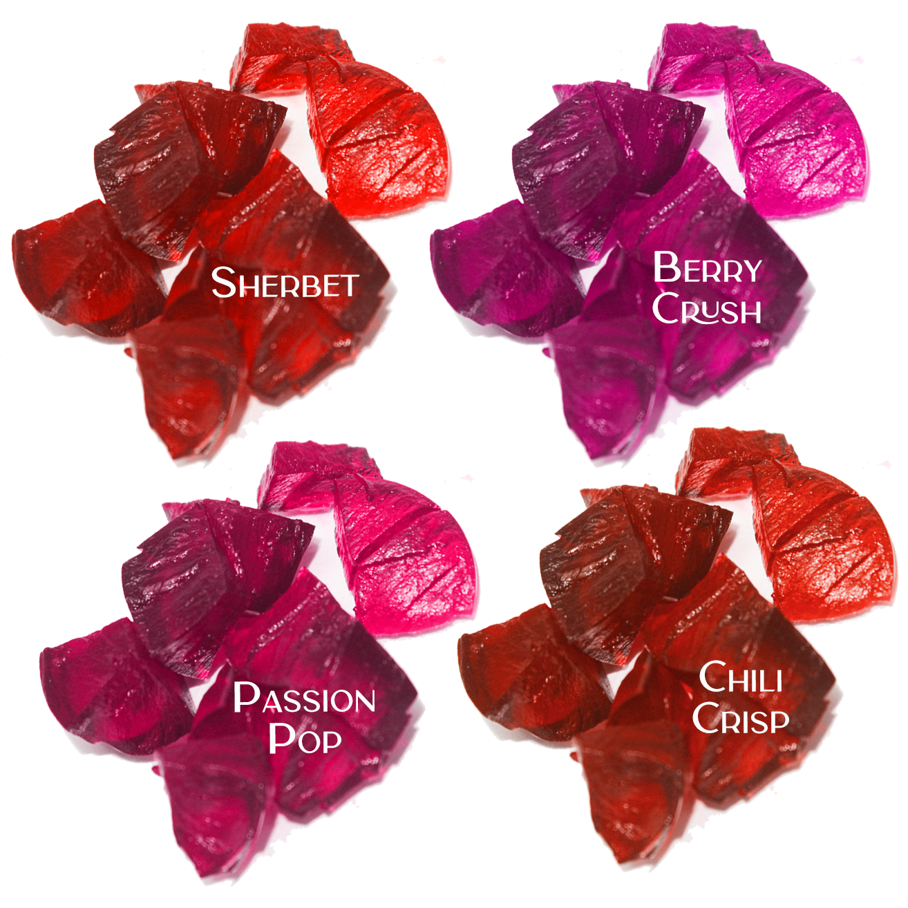 Texture image of Mo-Beauty Shop's Mo-Jelly Blush + Lip Tint in the shades Sherbet (a buildable coral color), Berry Crush (a buildable berry-pink color), Passion Pop (a buildable pink color), and Chili Crisp (a buildable red color).