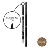 Mo-Beauty Shop's Divinely Defined Ultra-Fine Tip Brow Pencil + Brush in the Blonde shade. Showcasing a close-up of the precision tip and the swatch color.