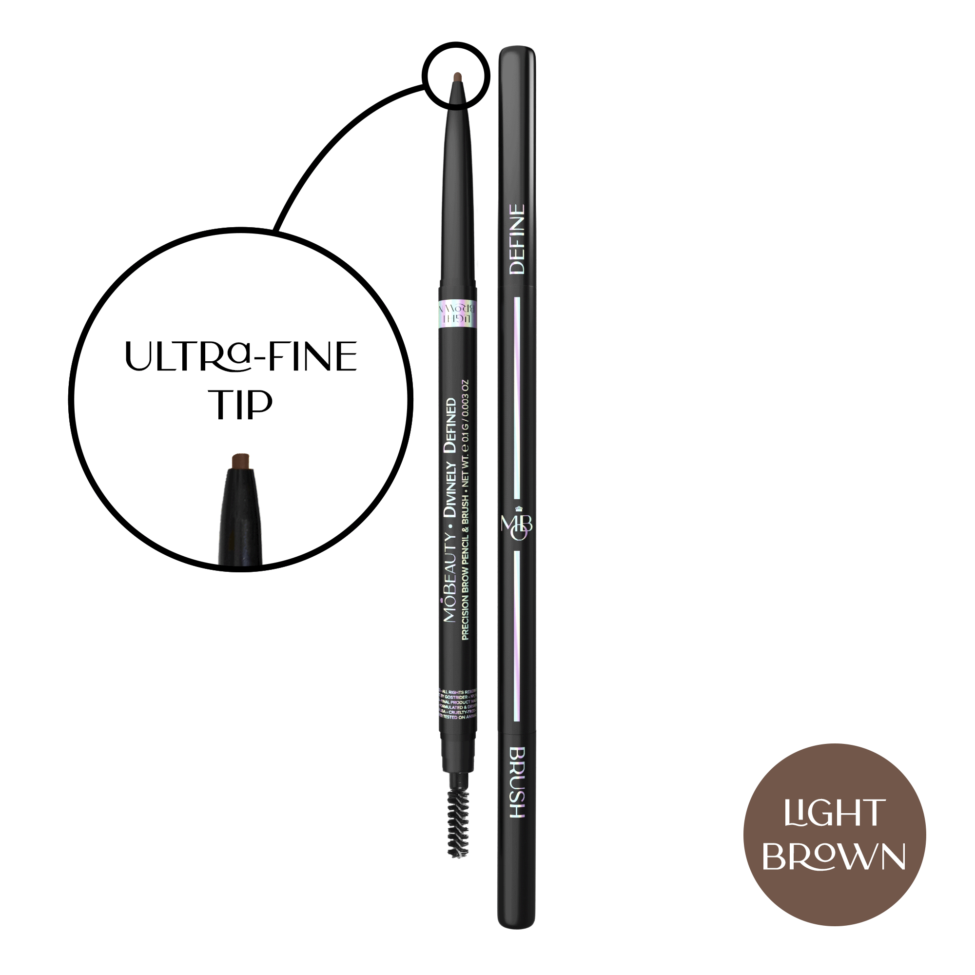 Mo-Beauty Shop's Divinely Defined Ultra-Fine Tip Brow Pencil + Brush in the Light Brown shade. Showcasing a close-up of the precision tip and the swatch color.