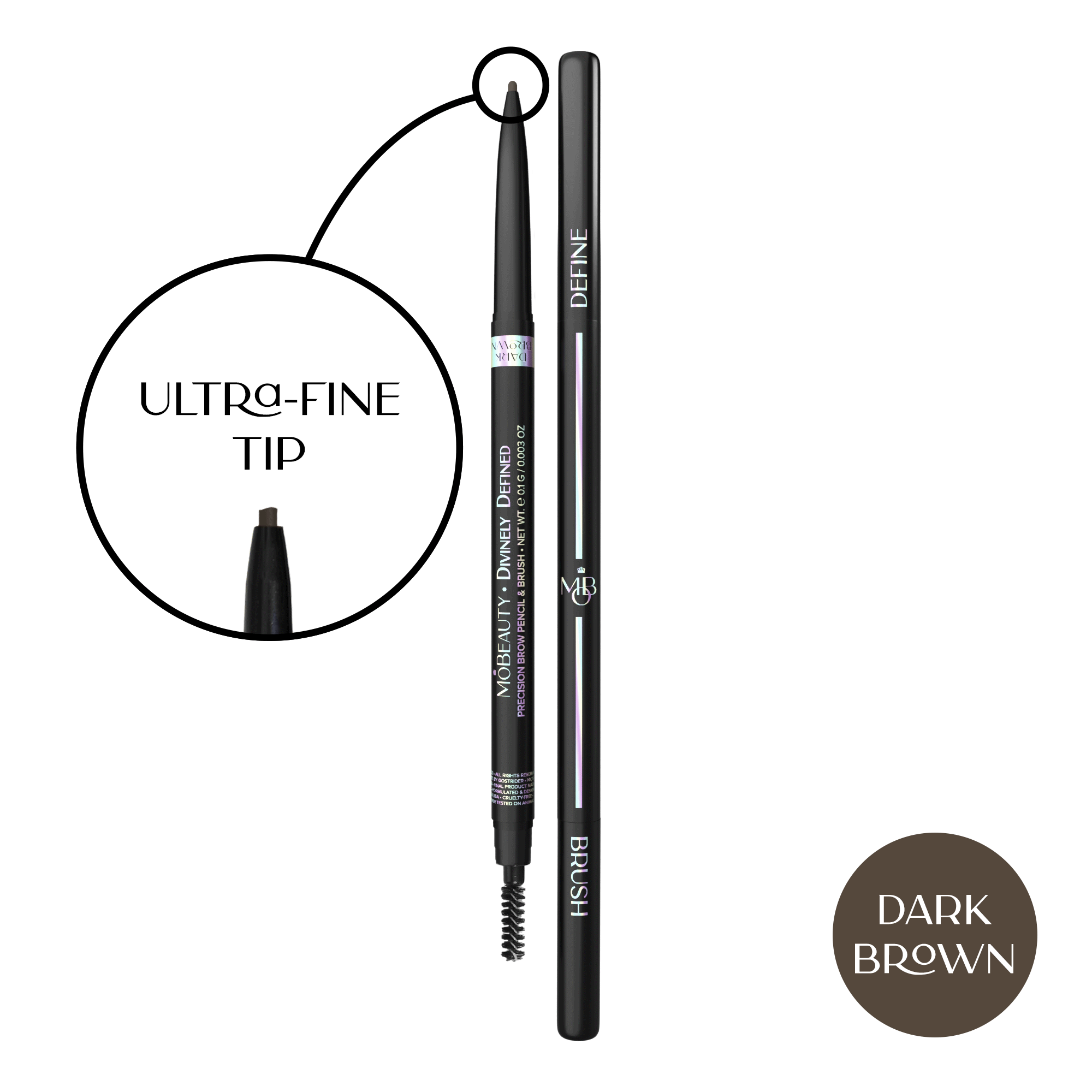 Mo-Beauty Shop's Divinely Defined Ultra-Fine Tip Brow Pencil + Brush in the Dark Brown shade. Showcasing a close-up of the precision tip and the swatch color.