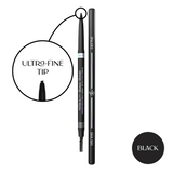 Mo-Beauty Shop's Divinely Defined Ultra-Fine Tip Brow Pencil + Brush in the Black shade. Showcasing a close-up of the precision tip and the swatch color.