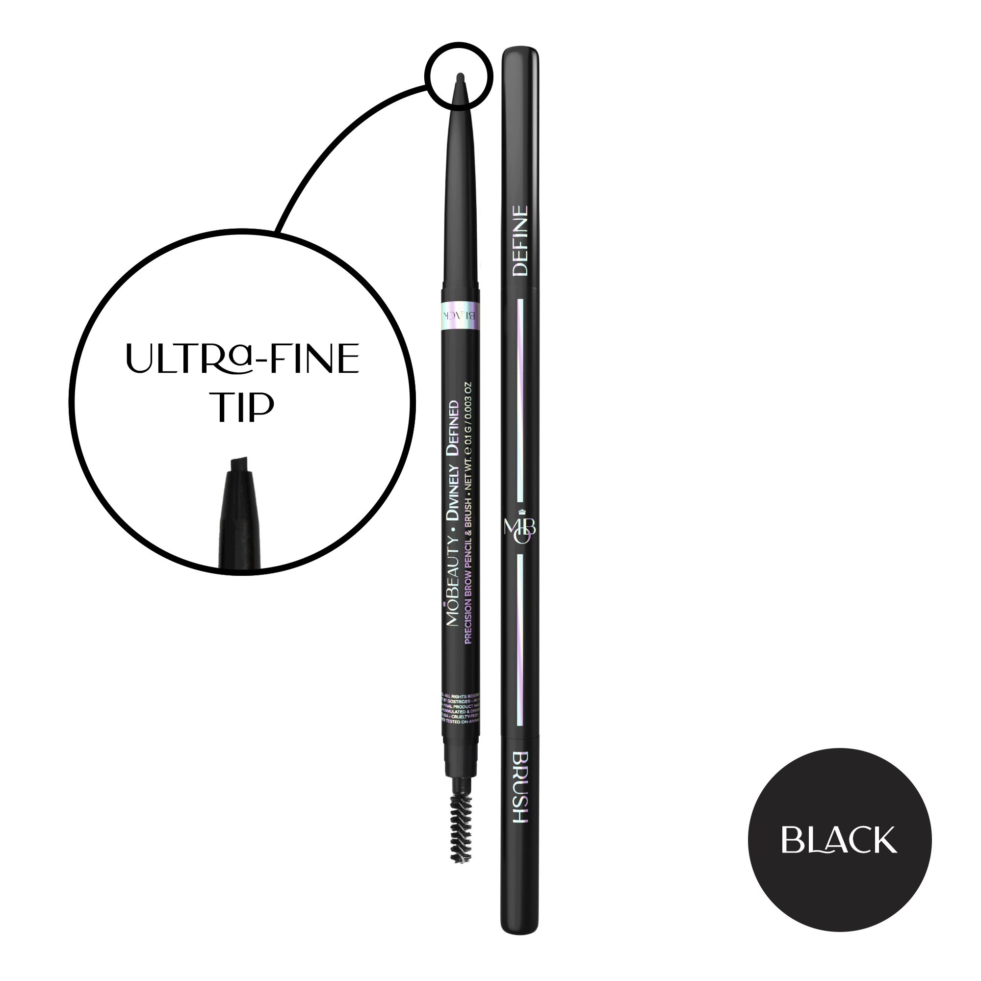 Mo-Beauty Shop's Divinely Defined Ultra-Fine Tip Brow Pencil + Brush in the Black shade. Showcasing a close-up of the precision tip and the swatch color.