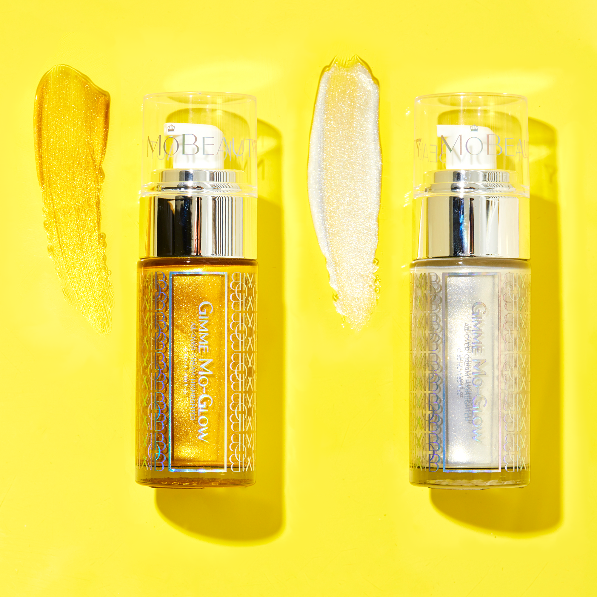 Mo-Beauty Shop's Gimme Mo-Glow All-Over Highlighter. Available in Gold and Silver. Showcasing the swatch colors.