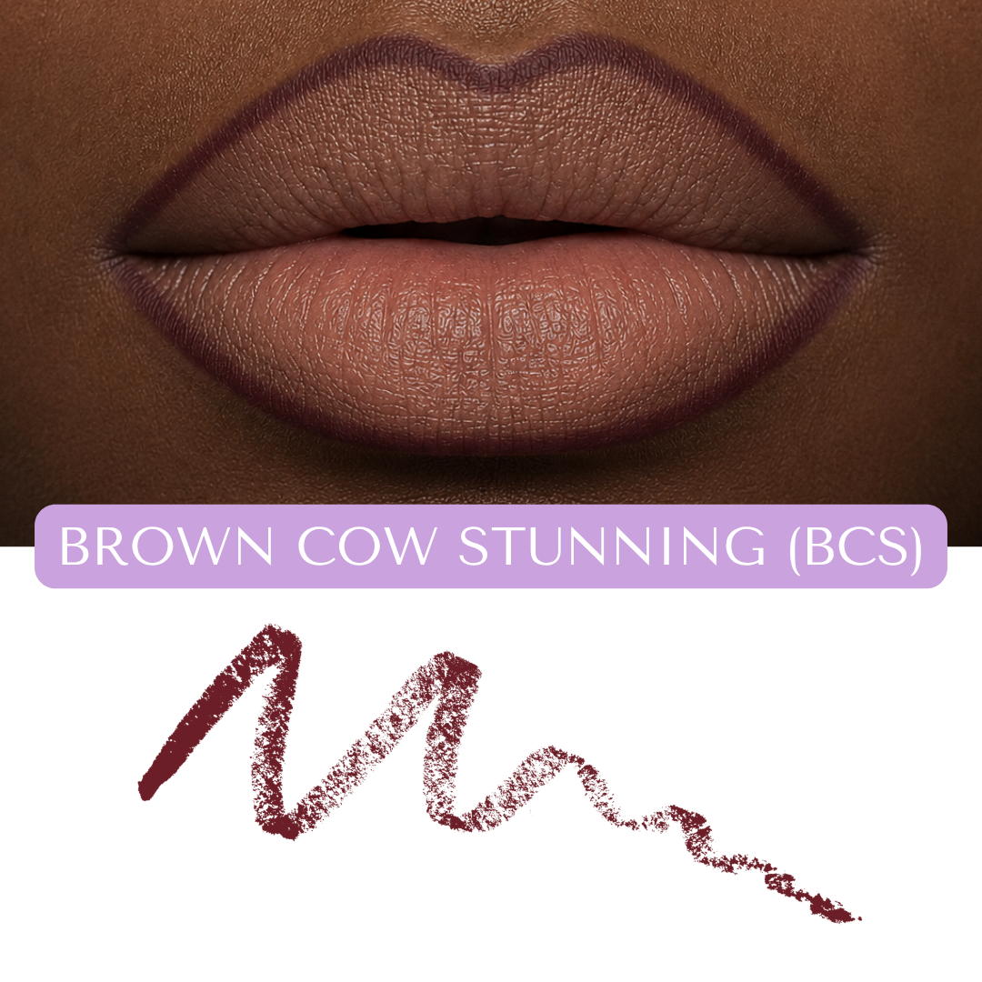 Close-up of lips wearing Mo-Beauty Shop's Long-Lasting Lip Pencil in the shade 'Brown Cow Stunning', with pencil swatch on a white background.