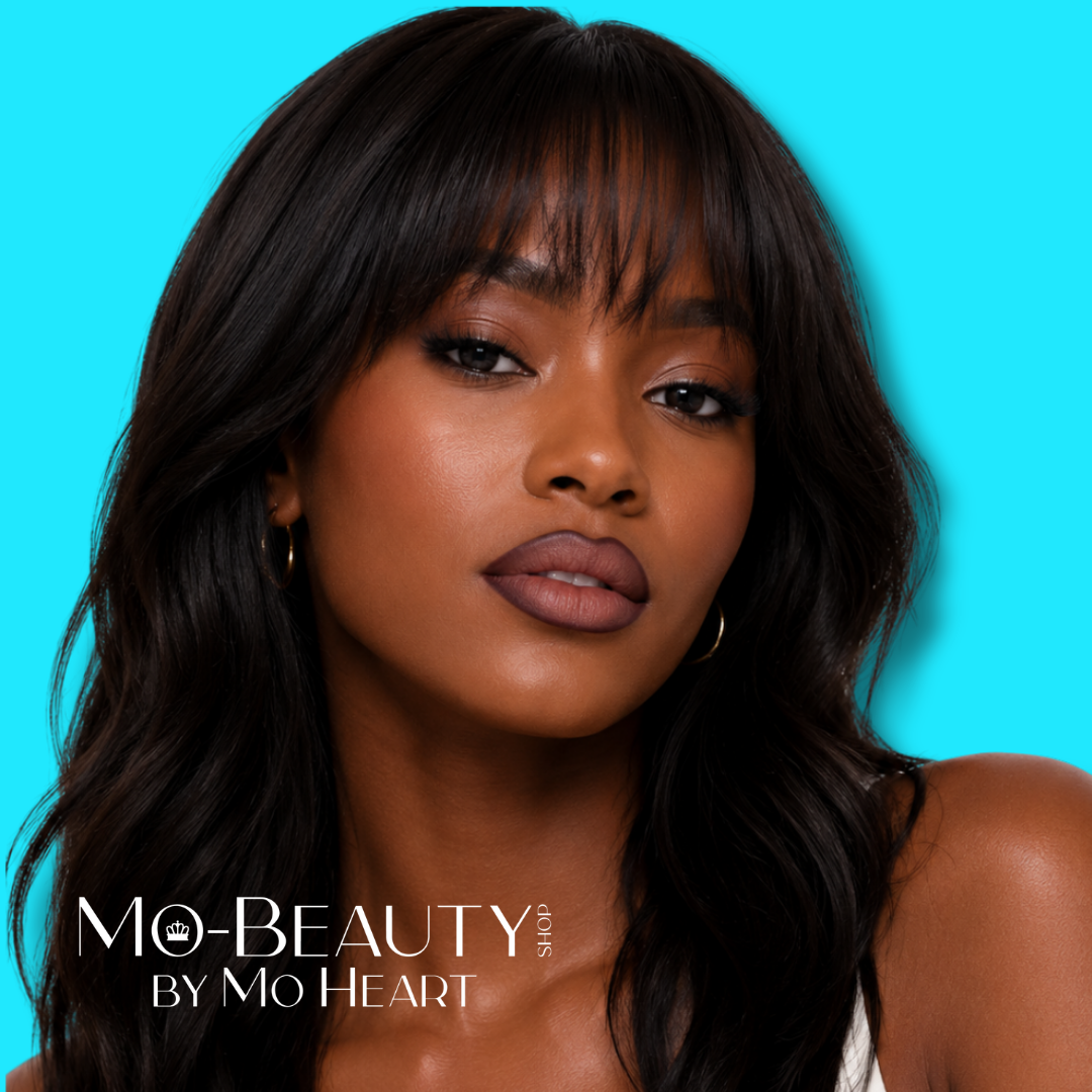 Model wearing Mo-Beauty Shop's Long-Lasting Lip Pencil in the shade 'Brown Cow Stunning' against a blue background with 'Mo-Beauty Shop by Mo Heart' branding.
