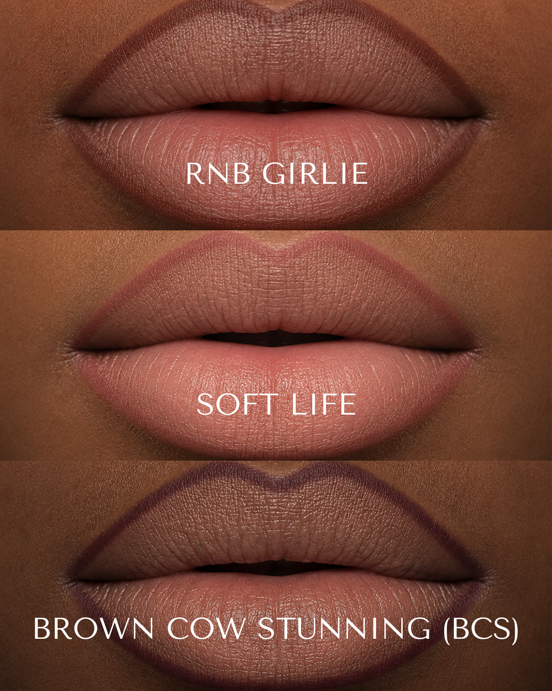 Close up of lips wearing Mo-Beauty Shop's Long-Lasting Lip Pencil in the three shades 'RNB Girlie', 'Soft Life', and 'Brown Cow Stunning'.