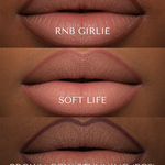 Close up of lips wearing Mo-Beauty Shop's Long-Lasting Lip Pencil in the three shades 'RNB Girlie', 'Soft Life', and 'Brown Cow Stunning'.