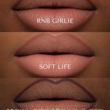 Close up of lips wearing Mo-Beauty Shop's Long-Lasting Lip Pencil in the three shades 'RNB Girlie', 'Soft Life', and 'Brown Cow Stunning'.