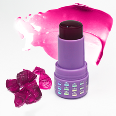 Product, swatch, and texture image of Mo-Beauty Shop's Mo-Jelly Blush + Lip Tint in the shade Berry Crush, a buildable berry-pink color. 