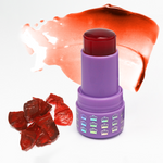 Product, swatch, and texture image of Mo-Beauty Shop's Mo-Jelly Blush + Lip Tint in the shade Sherbet, a buildable coral color. 