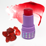 Product, swatch, and texture image of Mo-Beauty Shop's Mo-Jelly Blush + Lip Tint in the shade Chili Crisp, a buildable red color.