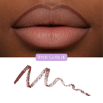 Close-up of lips wearing Mo-Beauty Shop's Long-Lasting Lip Pencil in the shade 'RnB Girlie', with a pencil swatch on a white background.