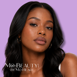Model wearing Mo-Beauty Shop's Long-Lasting Lip Pencil in the shade 'RnB Girlie' against a purple background with 'Mo-Beauty Shop by Mo Heart' branding.