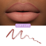 Close-up of a lip wearing Mo-Beauty Shop's Long-Lasting Lip Pencil in the shade 'Soft Life', with pencil swatch.