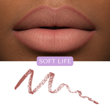 Close-up of a lip wearing Mo-Beauty Shop's Long-Lasting Lip Pencil in the shade 'Soft Life', with pencil swatch.