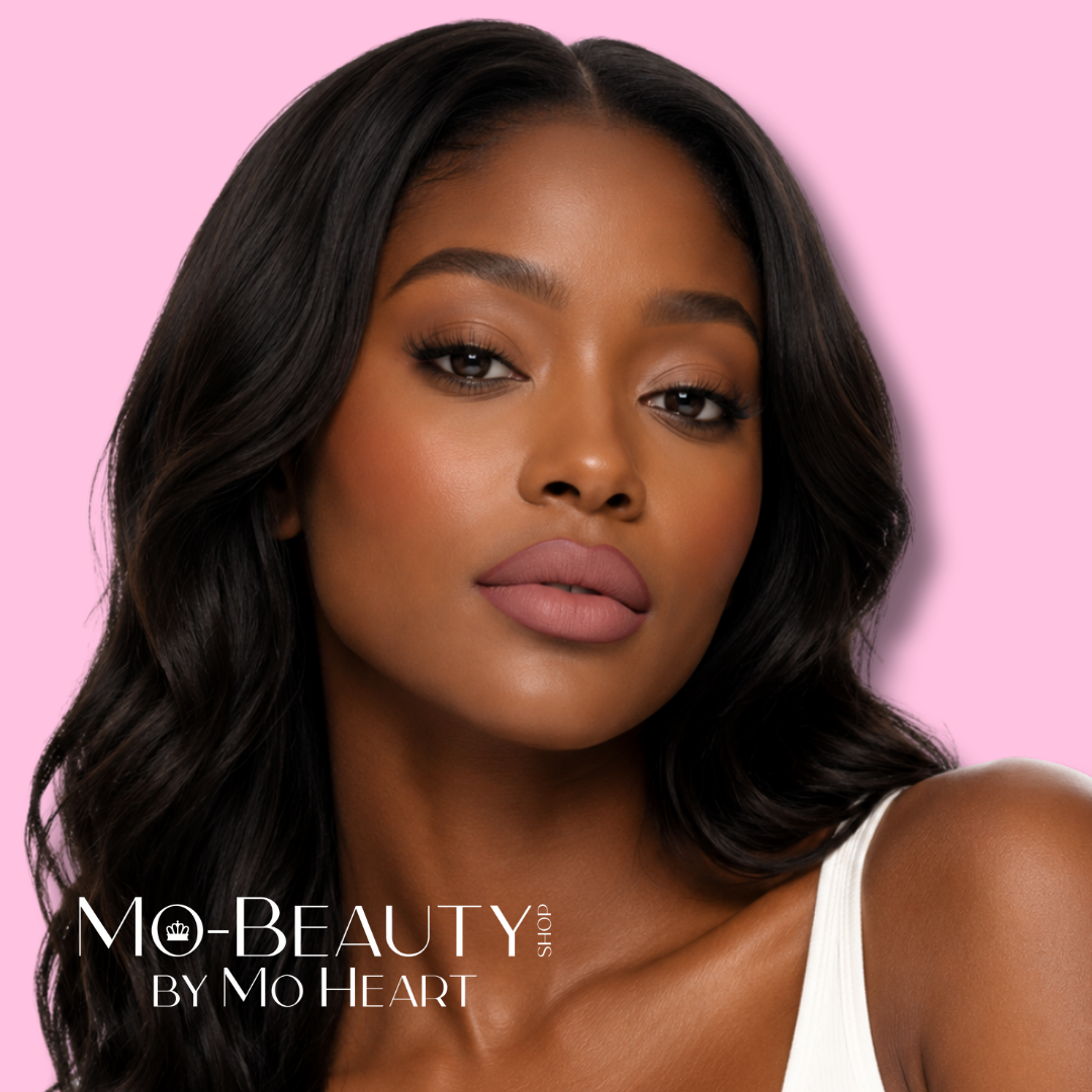 Model wearing Mo-Beauty Shop's Long-Lasting Lip Pencil in the shade 'Soft Life' against a pink background with 'Mo-Beauty Shop by Mo Heart' branding.